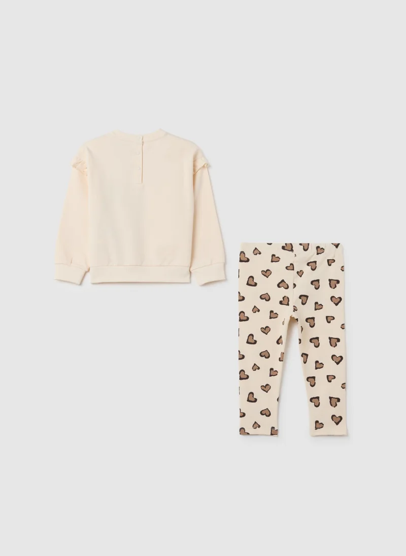 او في اس OVS Girls' Beige Cotton Sweatshirt And Leggings Set, Regular Fit